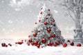 christmas tree with white snow and decorations, red and silver balls promo banner Merry Christmas Card Poster Happy New Year Xmas Royalty Free Stock Photo