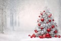 christmas tree with white snow and decorations, red and silver balls promo banner Merry Christmas Card Poster Happy New Year Xmas Royalty Free Stock Photo