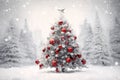 christmas tree with white snow and decorations, red and silver balls promo banner Merry Christmas Card Poster Happy New Year Xmas Royalty Free Stock Photo