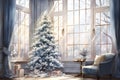 Christmas tree by the window in a room with a coffee table and an armchair. Antique furniture Royalty Free Stock Photo