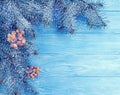 Christmas tree winter branch holiday wintery greeting decorative season on blue wooden background, snow Royalty Free Stock Photo