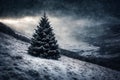 Christmas tree in a winter forest, snow covered mountains, overcast, hard and beautiful nature,dark dramatic sky Royalty Free Stock Photo