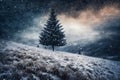 Christmas tree in a winter forest, snow covered mountains, overcast, hard and beautiful nature,dark dramatic sky Royalty Free Stock Photo