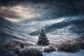 Christmas tree in a winter forest, snow covered mountains, overcast, hard and beautiful nature,dark dramatic sky Royalty Free Stock Photo