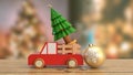 The Christmas tree in wood truck on wood table 3d rendering