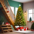 Christmas tree and a wooden staircase in the kitchen