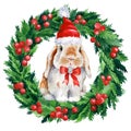 Christmas tree wreath and Bunny on isolated background, Watercolor fluffy rabbit. Winter holiday