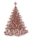 Christmas tree with xmas decorations. Merry Christmas and New Year concept. Happy holidays sketch vintage vector