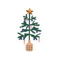 Christmas tree. Xmas fir decorated with holiday baubles. Live spruce designed with ornaments, decorations, star topper