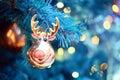 Christmas tree with yellow moose and blue bokeh, copy space. Xmas decorations on new year Royalty Free Stock Photo
