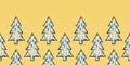 Colourful Christmas horizontal border pattern with Christmas trees with candles and stars on yellow background. Royalty Free Stock Photo