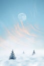 Christmas trees against the background of snowdrifts and a pink sky with a moon at sunset. Christmas background. Royalty Free Stock Photo