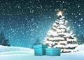 Christmas trees and blue gift boxes in snow Royalty Free Stock Photo