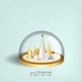 Christmas trees and box. Glass snow globe isolated realistic 3d design. Festive Xmas object Royalty Free Stock Photo