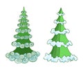 Vector hand-drawn Christmas trees in cartoon sketch style painted in rich green colors with bluish bright snow.