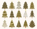 Christmas trees collection. Cartoon christmas tree with presents and toys, colorful fir Christmas trees with ornaments. Vector set Royalty Free Stock Photo