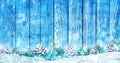 Christmas trees and cones background on blue wooden board and snow