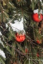 Christmas trees decorated with red balloons in front of the cafe entrance. Street Christmas decorations.