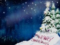 Christmas trees and decoration light on snow with blurred of town in night sky Royalty Free Stock Photo