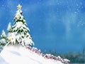 Christmas trees and decoration light on snow with blurred of tree in blue sky Royalty Free Stock Photo