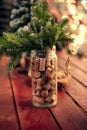 Christmas trees and decorations, soft focus, space for text. vertical, wine corks