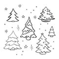 Christmas trees doodle set. Collection of hand drawn decorated christmas trees. Vector illustration. Isolated on white.