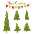 Christmas trees and gifts in cartoon style, vector illustration