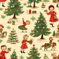 Christmas trees and girls with gifts as abstract background, wallpaper, banner, texture design with pattern - vector. Light colors Royalty Free Stock Photo