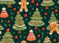 Christmas trees, leaves and gingerbread as abstract background, wallpaper, banner, texture design with pattern - vector. Dark Royalty Free Stock Photo