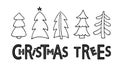 Christmas trees lettering with Christmas trees set. Sign for Christmas Tree Farm. Vector illustration. Black and white sketch Royalty Free Stock Photo