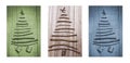 Christmas trees made of wooden branches with gifts. Triptych in brown, green and blue. Royalty Free Stock Photo
