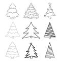 Christmas trees outline set. Contour of pines for xmas card or invitation. Fir tree illustration isolated on white background. Royalty Free Stock Photo