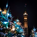 Christmas trees on Parliament Hill, Peace Tower behind, Ottawa, Ontario, Canada Royalty Free Stock Photo