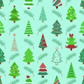 Christmas trees pattern. New Year seamless green background with pines, firs, tree branches. Vector illustration Royalty Free Stock Photo