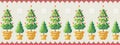 Christmas trees in a pot with snowflakes pattern. Merry Christmas greeting card, Happy New Year illustration. Christmas webbing.