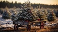 Christmas Trees with Red Decorations Placed on the Tree Farm Cart. Generative AI Royalty Free Stock Photo