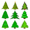 Christmas trees set. Cartoon fir tree illustration isolated on white background. Collection of seasonal pine design. Colourful Royalty Free Stock Photo