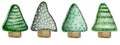 Christmas trees sewn from fabric. Handmade toys for the new year. Watercolor hand-drawn elements.