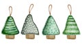 Christmas trees sewn from fabric. Handmade toys for the new year. Watercolor hand-drawn elements.