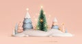 Christmas trees in snow drifts festive realistic 3d new year composition. Soft pastel color blue and pink white. Xmas minimal Royalty Free Stock Photo