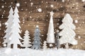 Christmas Trees, Snow, Rustic Brown Wooden Background, Star, Snowflakes Royalty Free Stock Photo