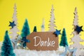 Christmas Trees, Snow, Yellow Background, Label, Danke Means Thank You Royalty Free Stock Photo