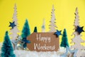 Christmas Trees, Snow, Yellow Background, Label, Text Happy Weekend Royalty Free Stock Photo