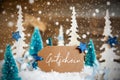 Christmas Trees, Snowflakes, Wooden Background, Label, Gutschein Means Voucher Royalty Free Stock Photo