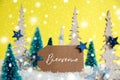 Christmas Trees, Snowflakes, Yellow Background, Label, Bienvenue Means Welcome