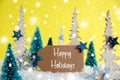 Christmas Trees, Snowflakes, Yellow Background, Label, Text Happy Holidays Royalty Free Stock Photo