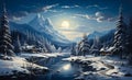 Christmas trees on a snowy horizon. A painting of a snowy mountain scene with a river Royalty Free Stock Photo