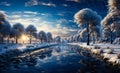 Christmas trees on a snowy horizon. A painting of a winter scene with a river and trees Royalty Free Stock Photo