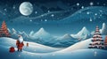Christmas trees in a snowy winter landscape. Santa Claus is standing with a bag of presents. New Year\'s Eve illustration Royalty Free Stock Photo