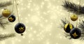 Christmas trees with swinging black and gold baubles over glowing light spots and stars, copy space Royalty Free Stock Photo